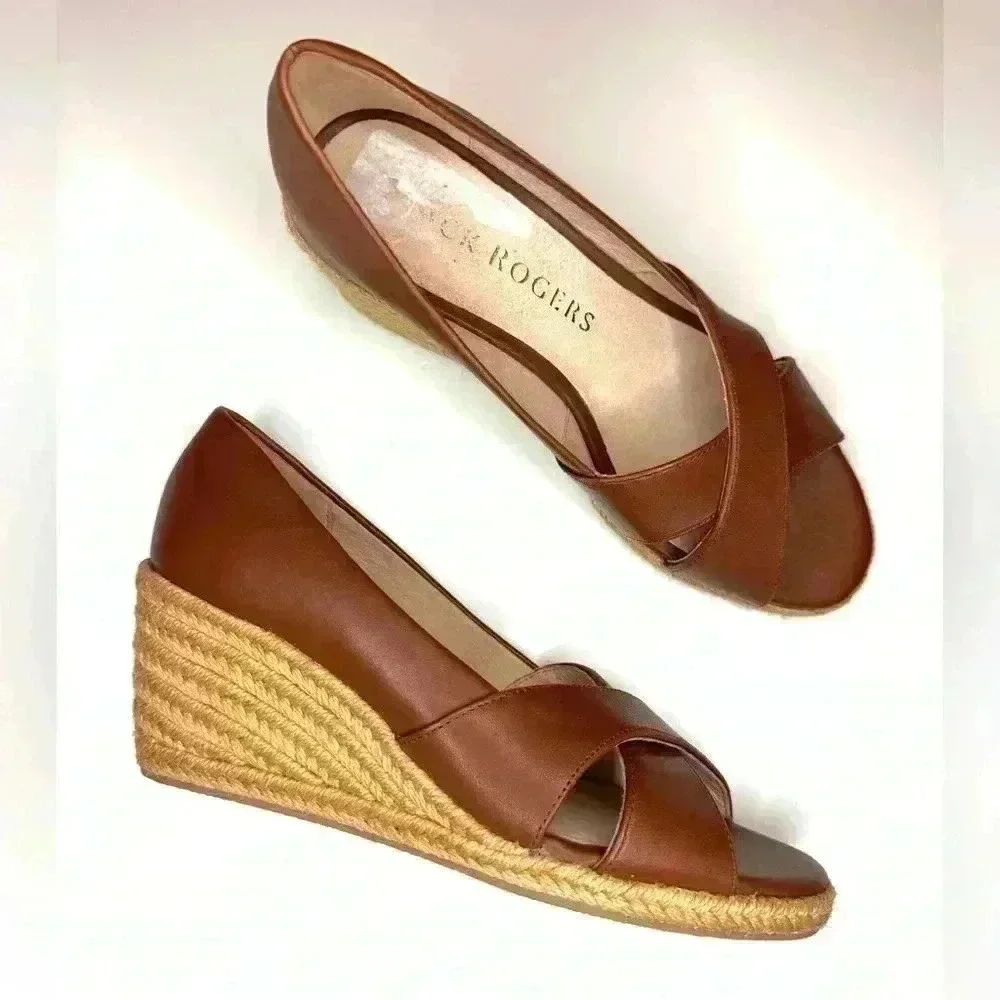 Jack Rogers Womens PALMER Crisscross Wedge Espadrille Heels Mocha Leather SZ-6